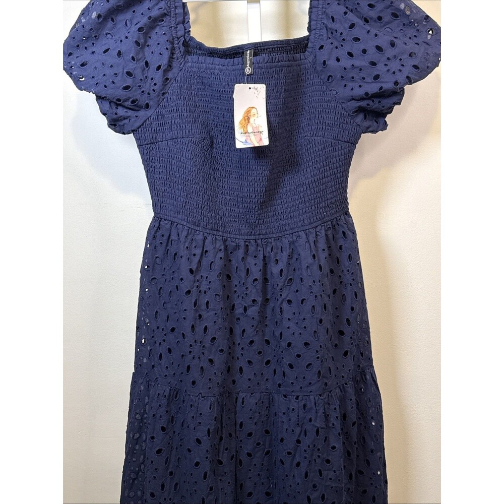 NEW Puff Sleeve Square Neck Smocked Tiered Eyelet Midi Dress sz L cottage smocke - Picture 5 of 7